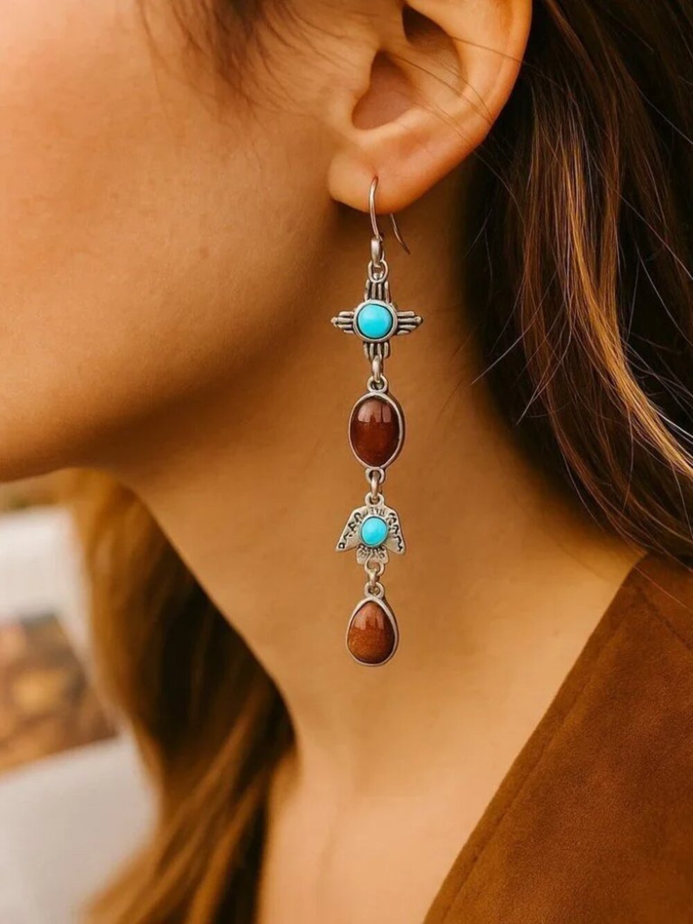 VINTAGE Turquoise Totem Dangle Earrings Boho Tribal Inspired Copper Goldstone - Picture 13 of 13